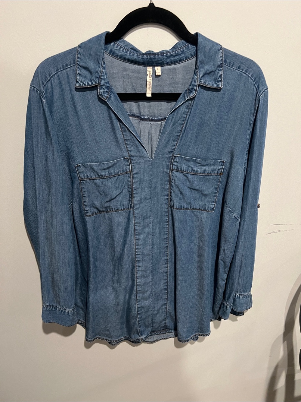 Light Wash Denim Peasant Top - Blue